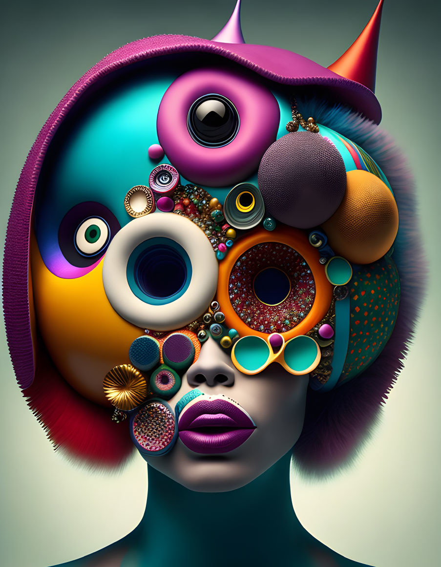 Colorful Abstract Face Portrait with Circular Shapes and Single Eye