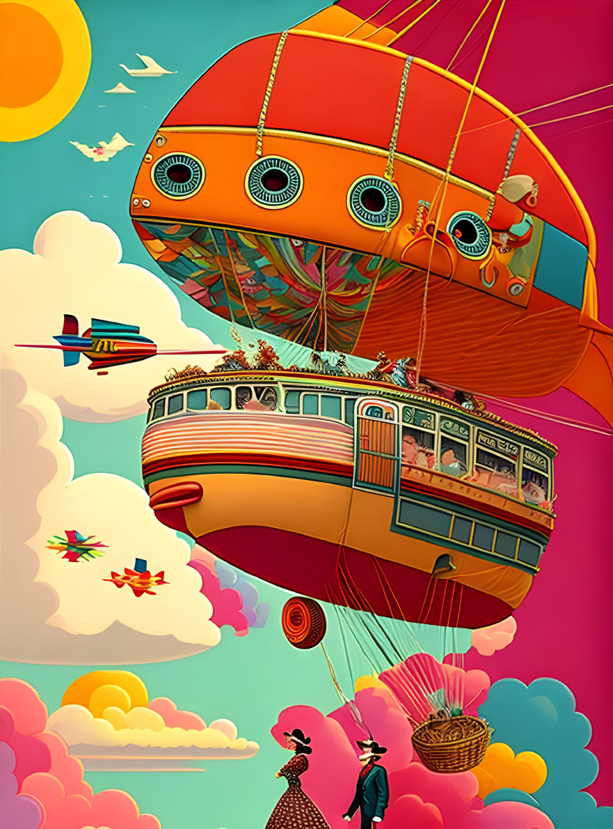 Colorful illustration of whimsical airship, hot air balloons, and airplanes in sunny sky