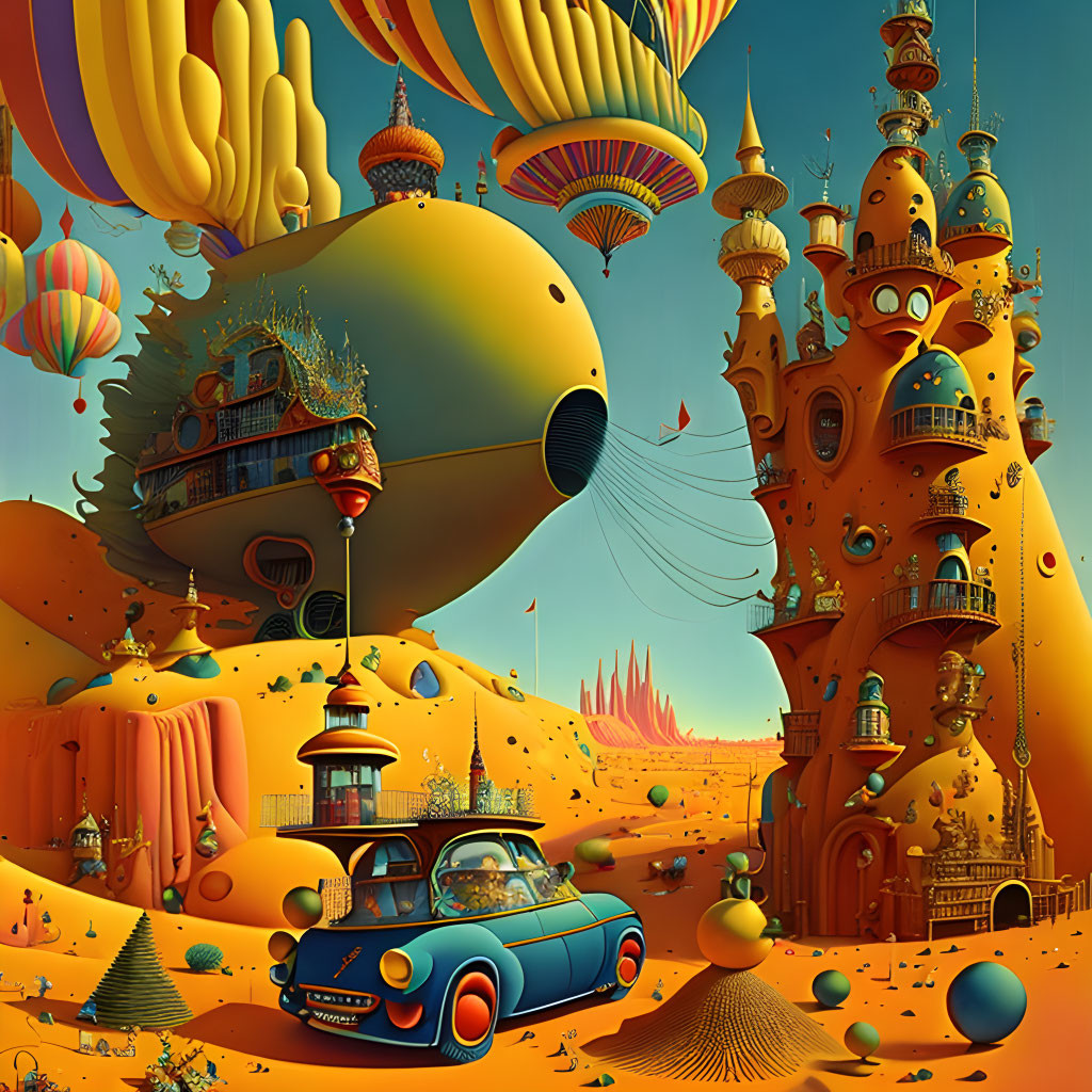 Colorful fantasy landscape with flying balloons, ornate towers, classic car in surreal desert.