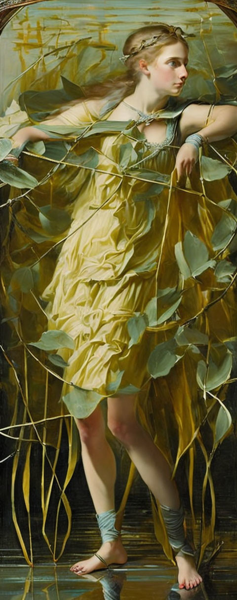 Classical painting of woman in yellow dress with green vine leaves