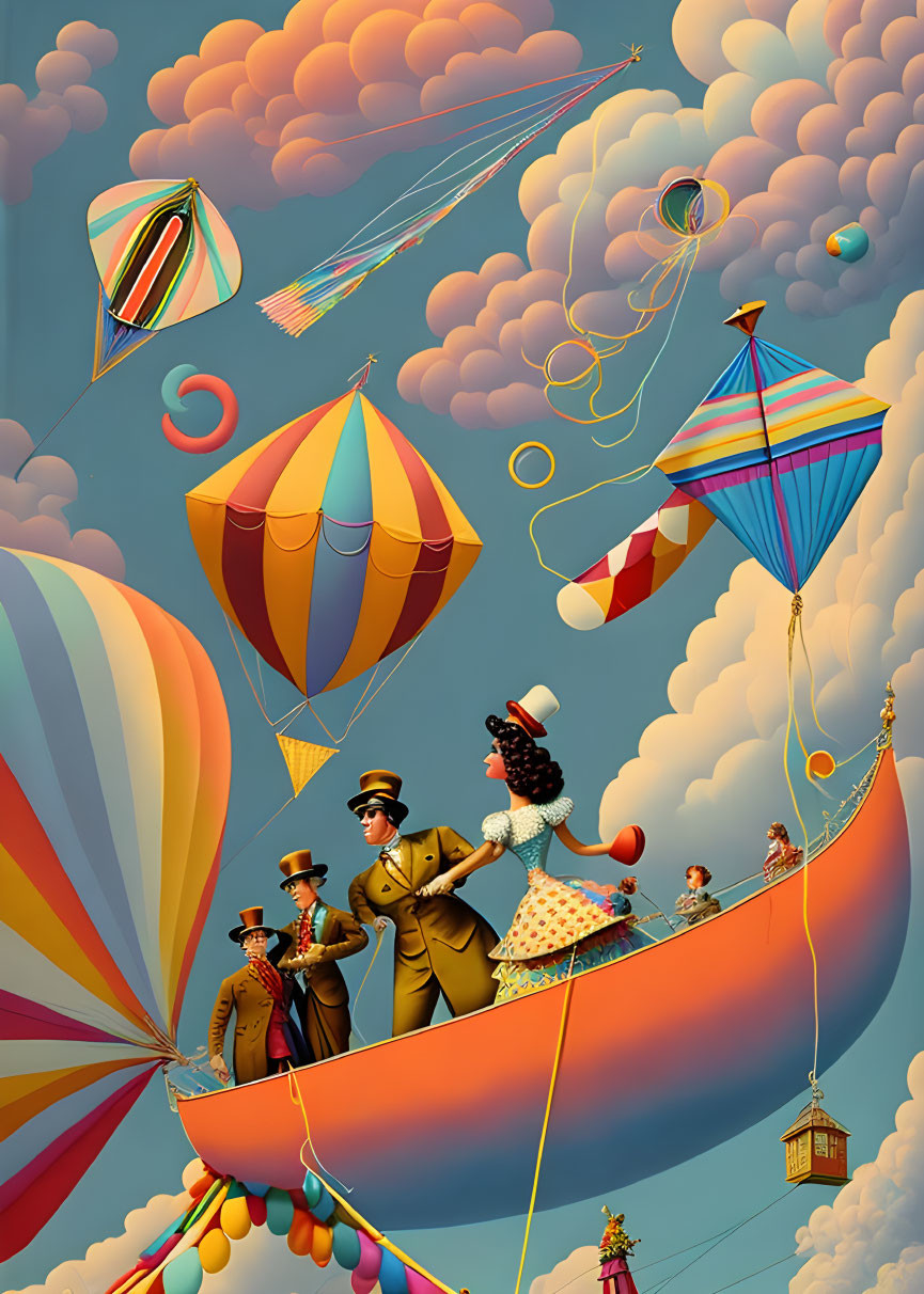 Colorful Airship Artwork with Elegant Figures and Hot Air Balloons