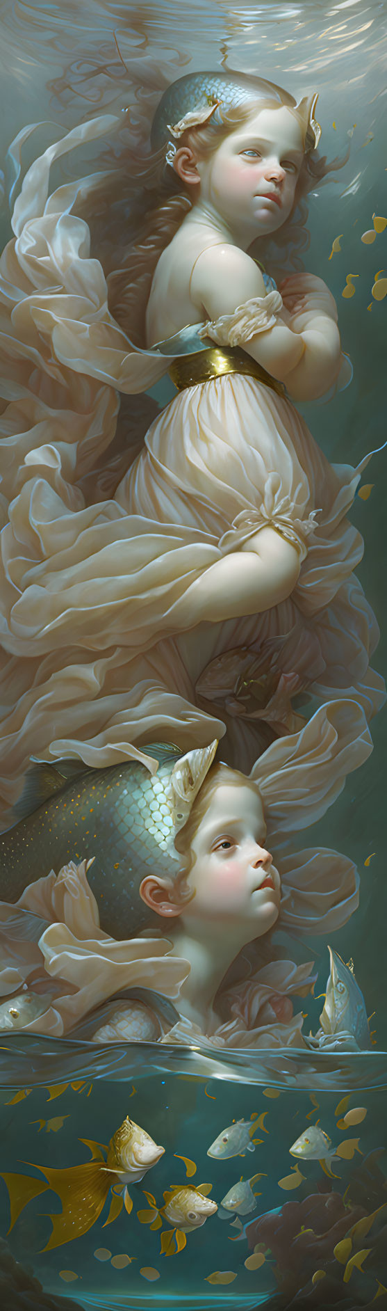 Ethereal beings with angelic wings and fish tail submerged in water among golden fish in dreamlike