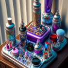 Vibrant ink bottles and supplies on tray with light stripes