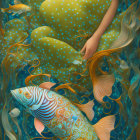 Ethereal beings with angelic wings and fish tail submerged in water among golden fish in dreamlike