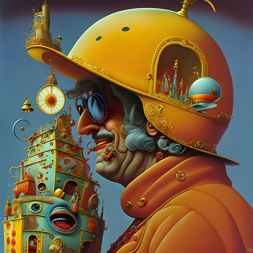 Colorful illustration of man with cityscape hat and whimsical architecture blending with facial features