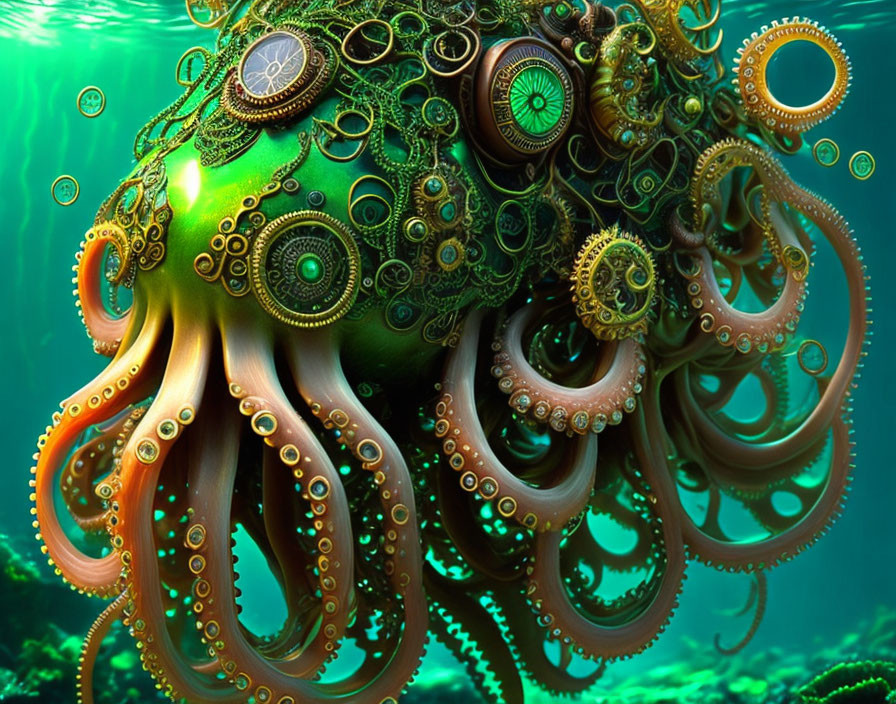 Steampunk octopus with gears and clocks in head, underwater bubbles, green hue