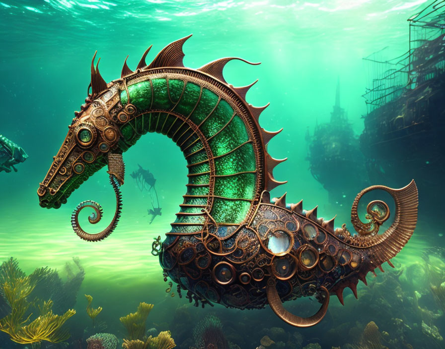 Intricate steampunk-style mechanical seahorse in underwater scene