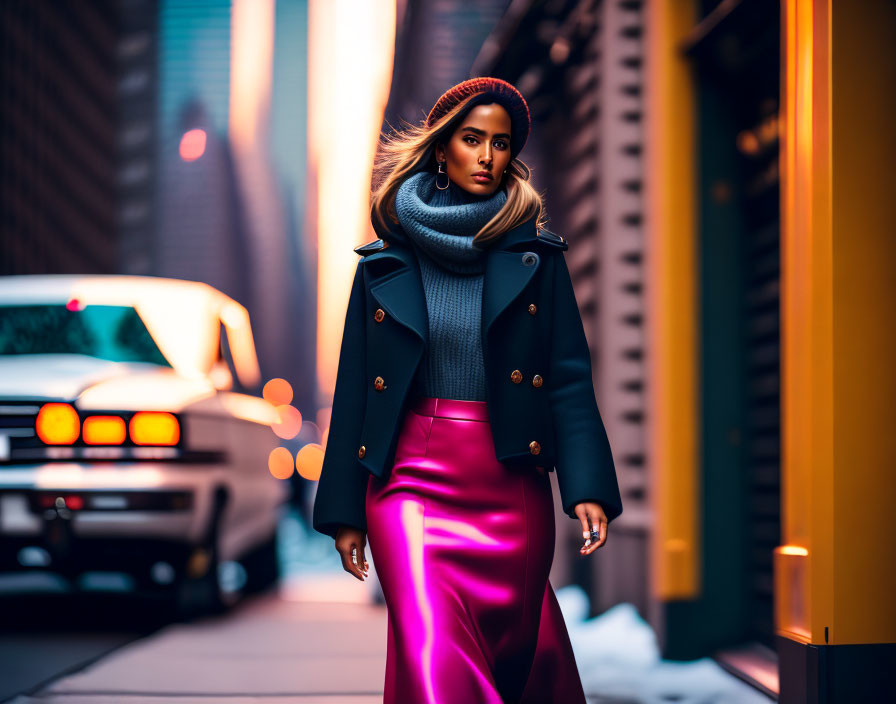 Fashionable woman in pink skirt on city street at dusk