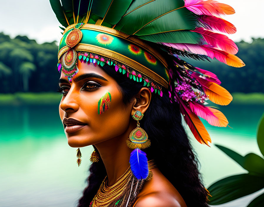 Woman with Elaborate Feathered Headdress and Vibrant Makeup in Natural Setting