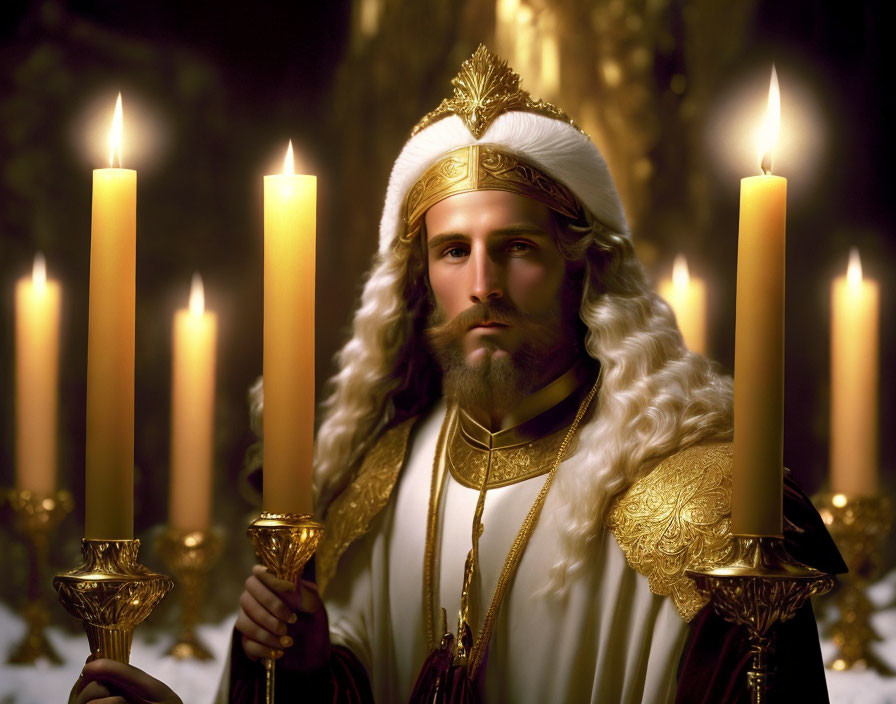 Royal figure with crown and white cloak in candlelit setting