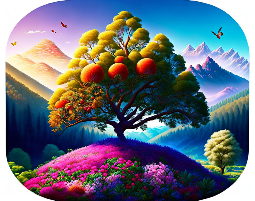 Colorful fantasy landscape with oversized fruit tree and flying birds