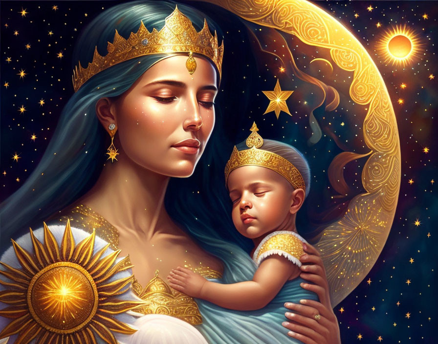 Royal Queen Holding Sleeping Infant Surrounded by Celestial Motifs