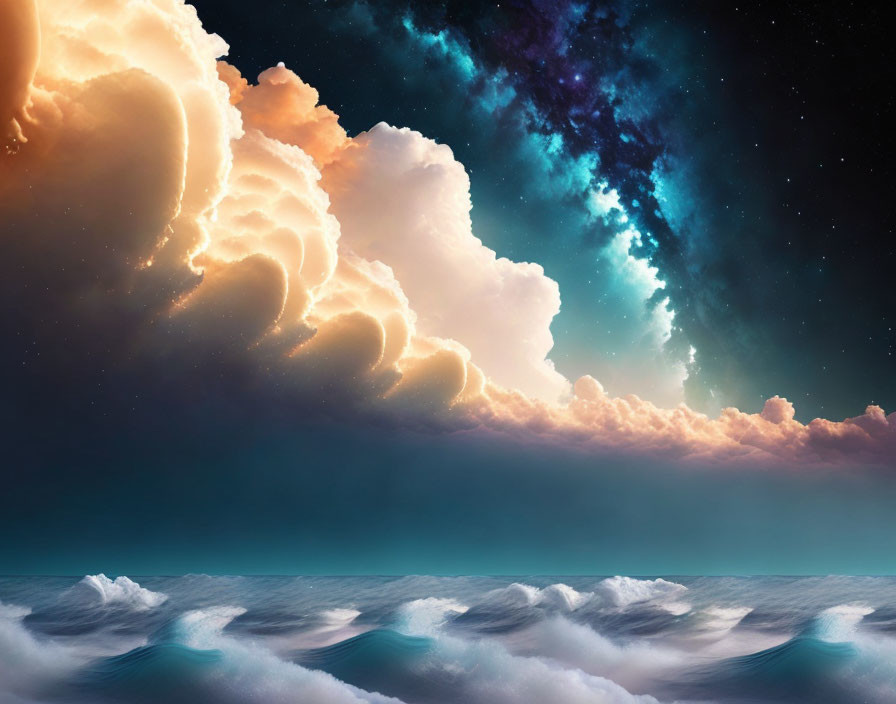 Surreal seascape with fluffy clouds, golden sunset to starry night sky