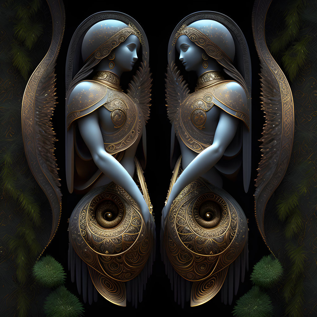 Symmetrical ornate female sculptures with metallic designs on dark background