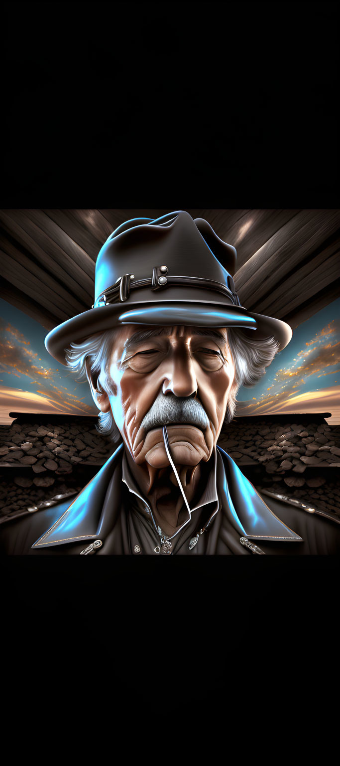 Aged man with mustache in fedora under dramatic sky