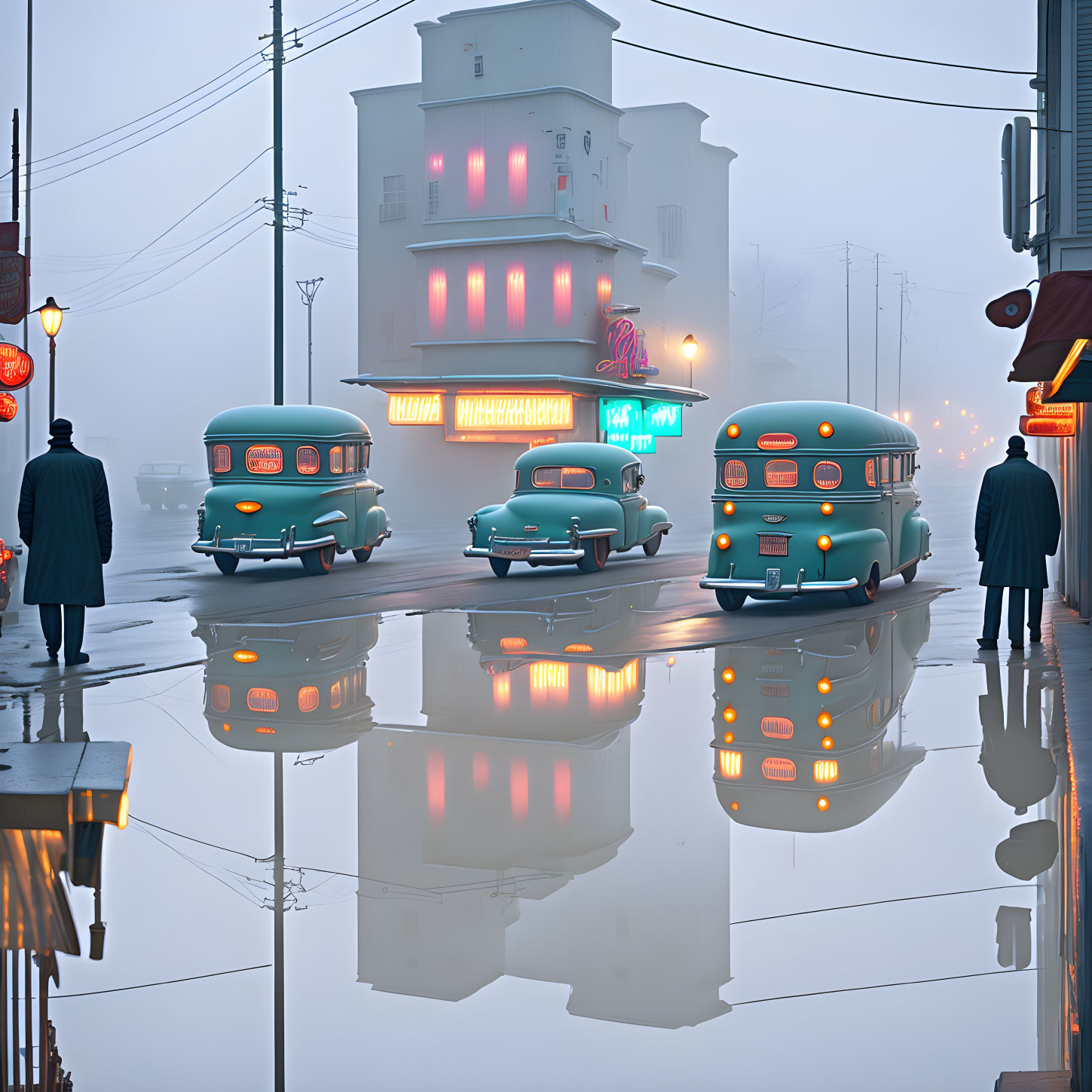 Vintage cars and neon signs in foggy retro street scene.