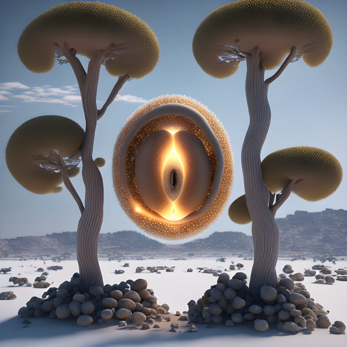 Surreal landscape featuring stylized trees and glowing eye-shaped portal on rocky terrain.