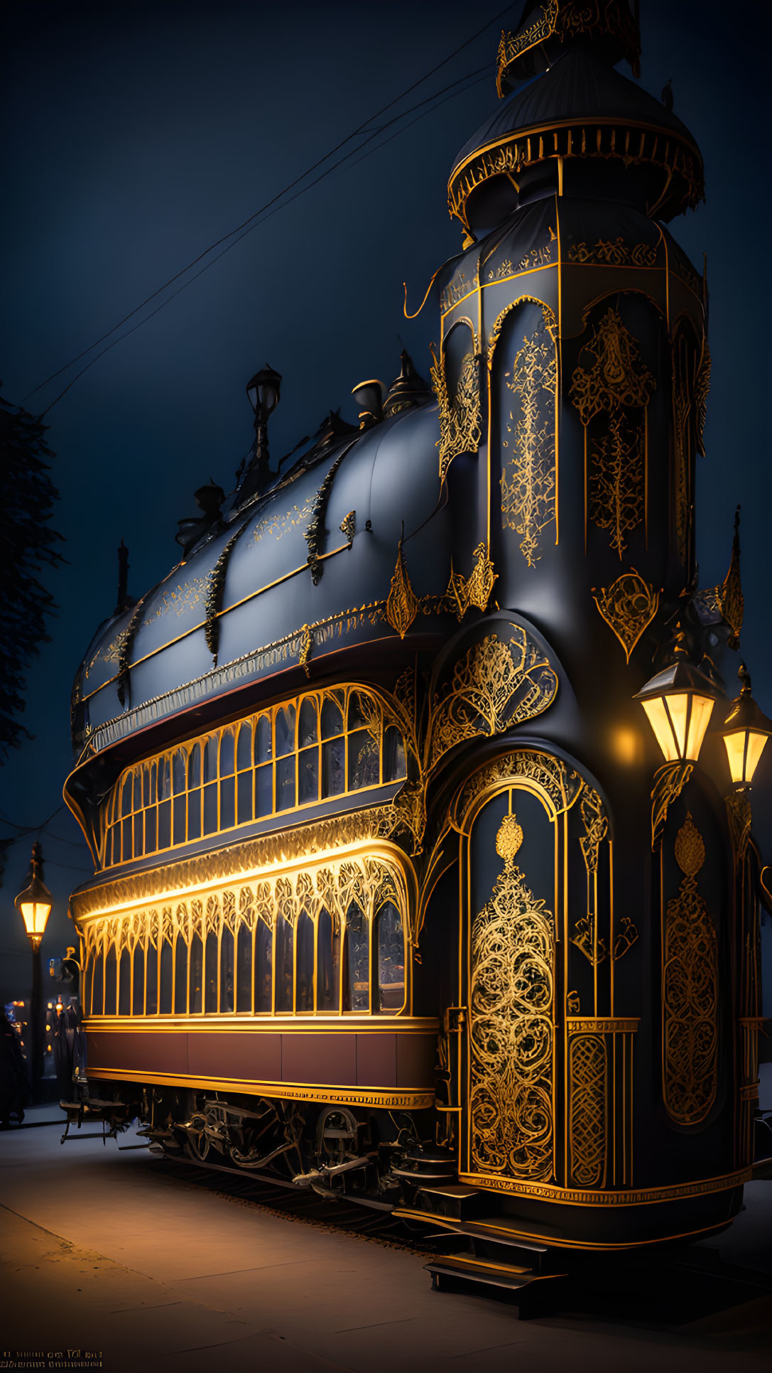 Vintage-style tram adorned with gold patterns at night against dusky sky