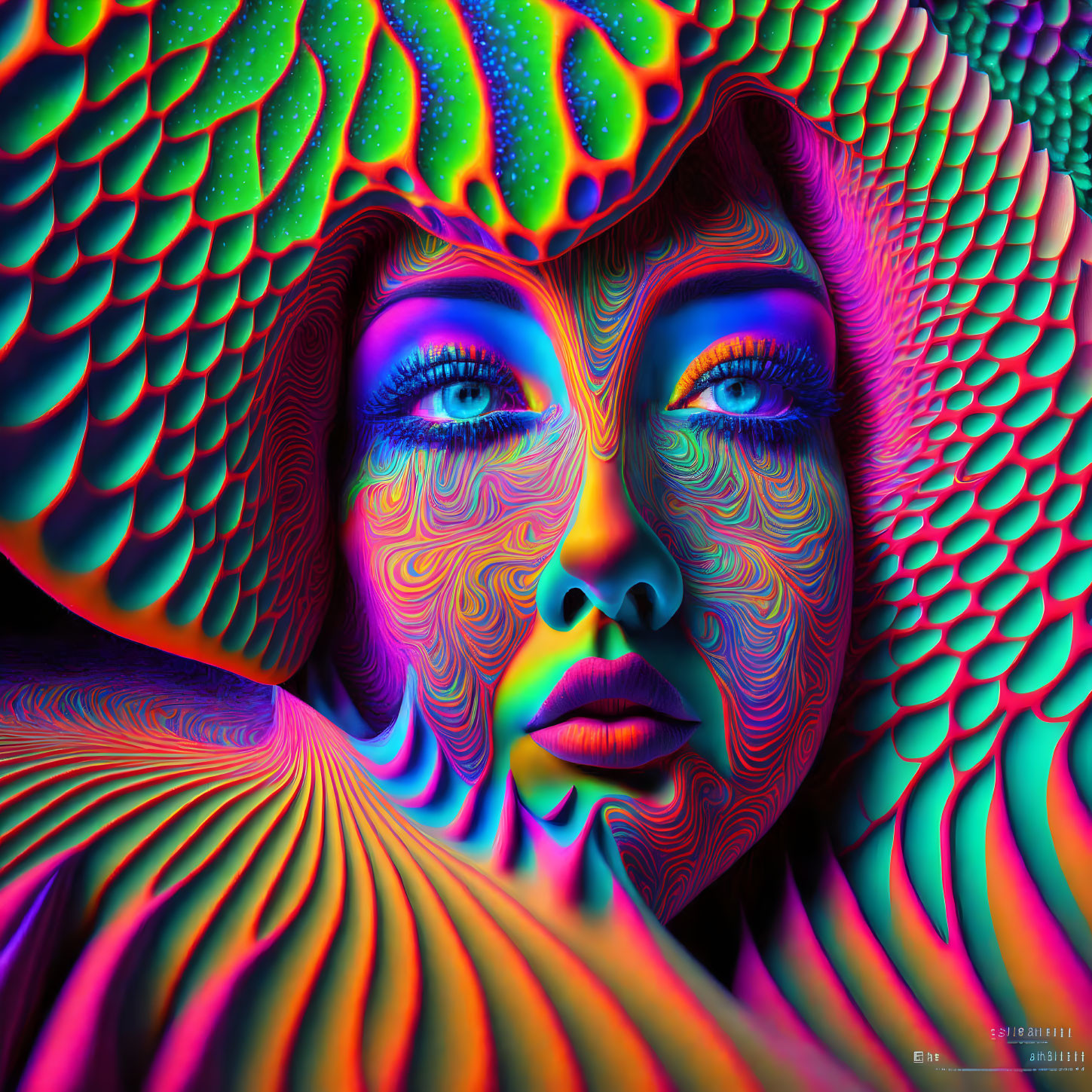 Colorful Psychedelic Digital Artwork of Woman's Face with Patterns