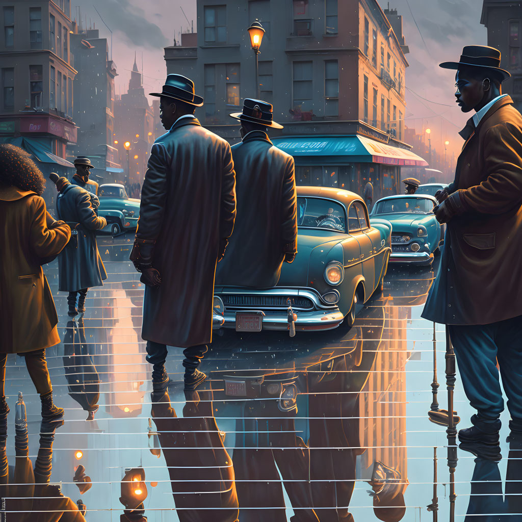 Vintage cars and stylishly dressed individuals in a 1950s/1960s urban rainy scene