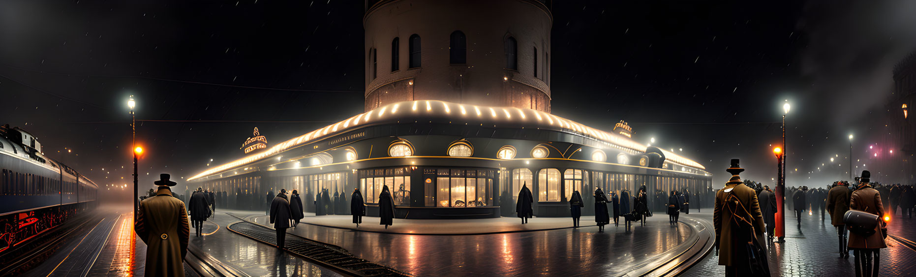 Vintage railway station night scene with classic train, waiting people, and circular building.