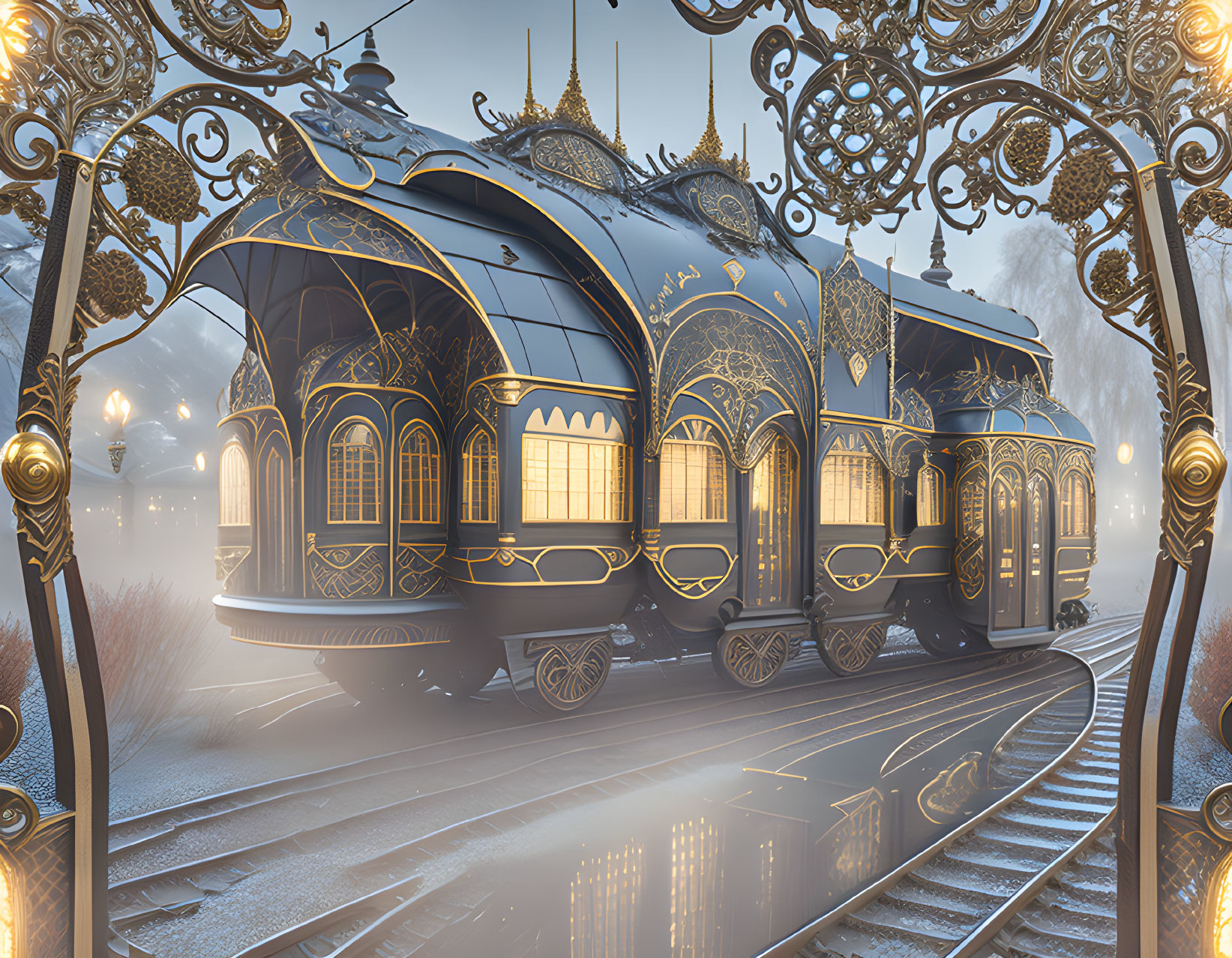 Vintage-style train with golden designs on blue carriages, set on foggy tracks at dusk.