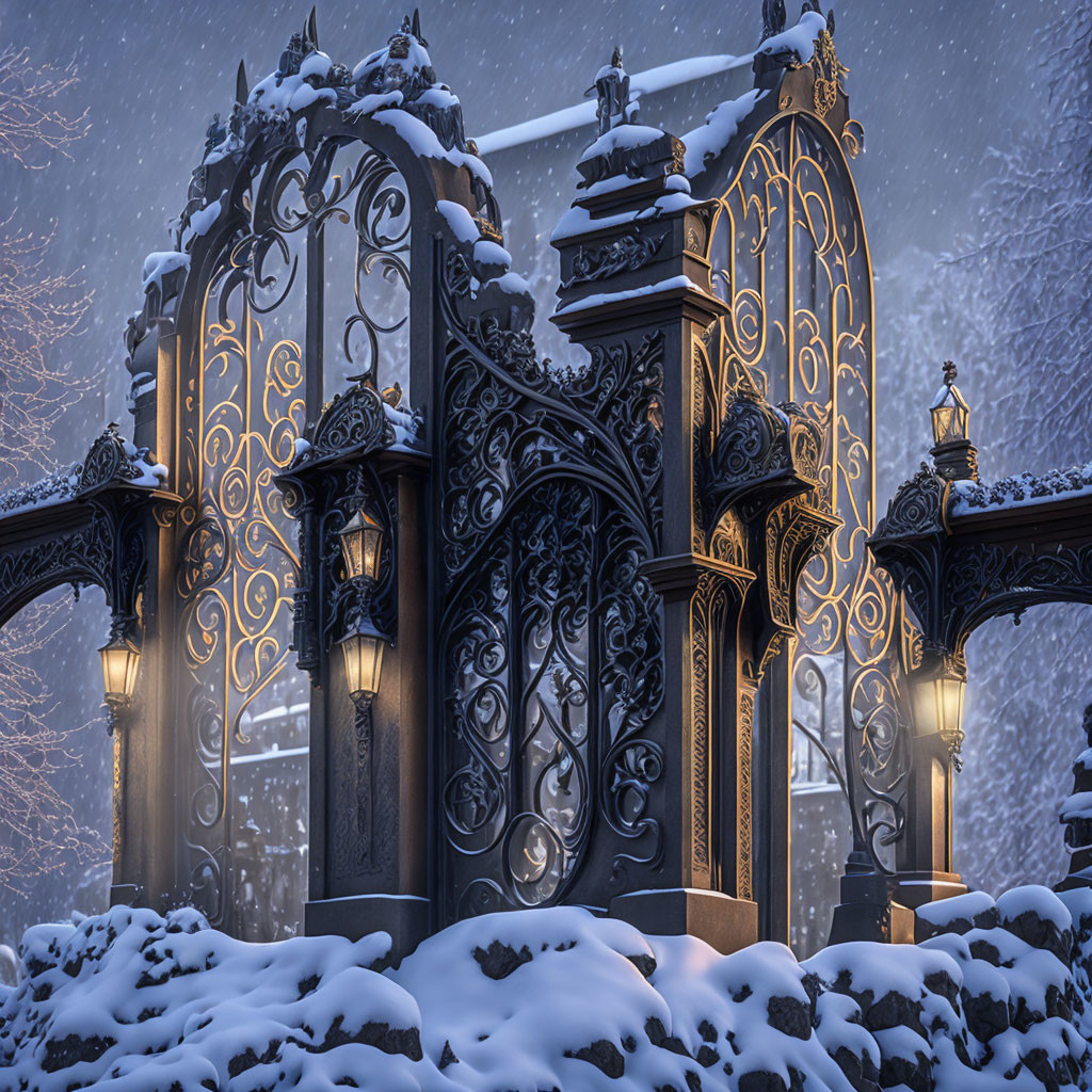 Snow-covered black iron gates with lanterns in twilight snowfall