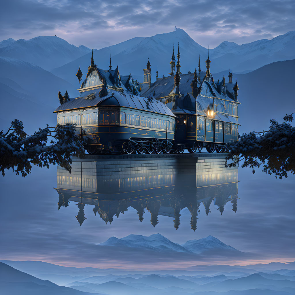 Victorian-style stilted building reflected in twilight alpine landscape