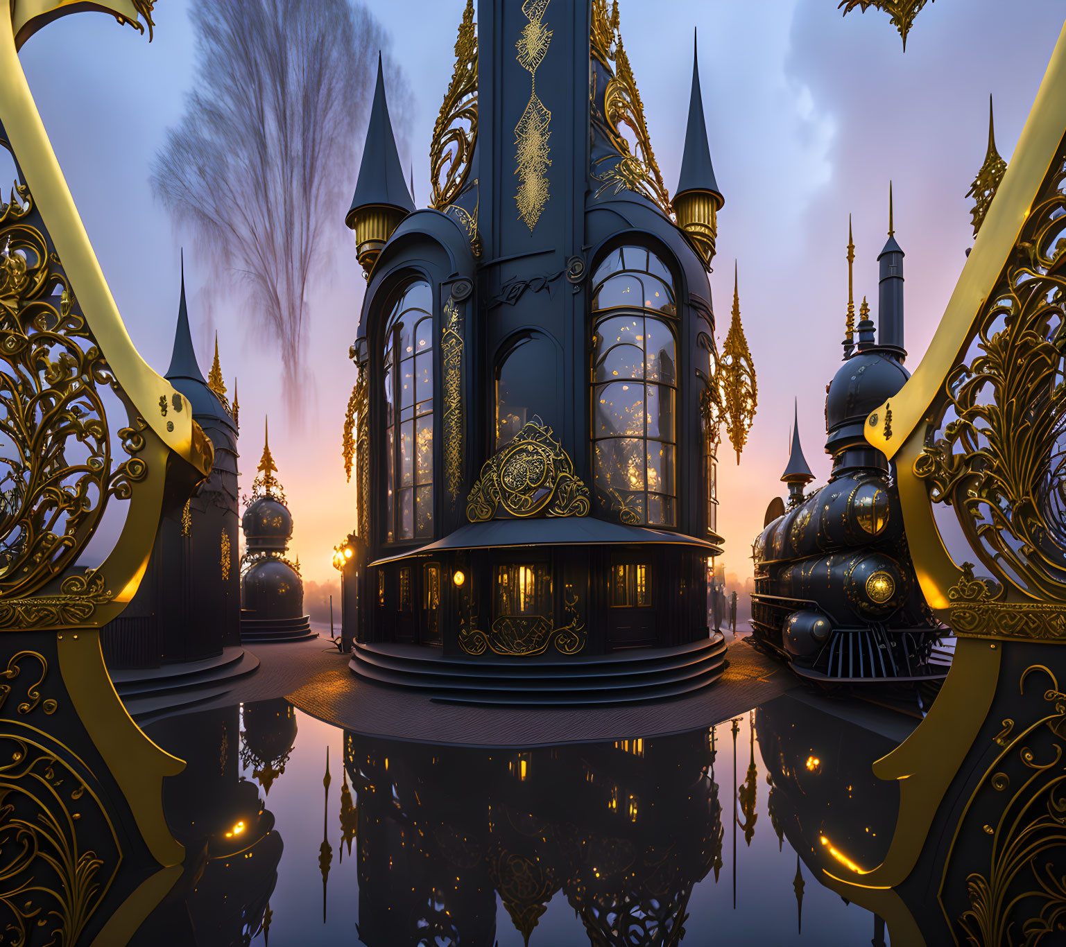 Fantasy-style building with golden trim & vintage locomotive in twilight