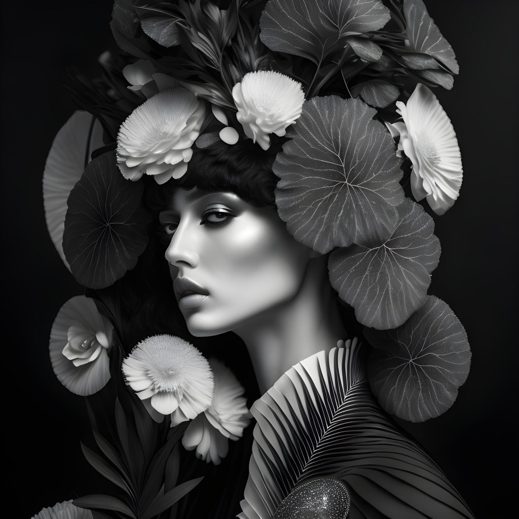 Monochrome portrait of a woman with floral headgear and dark, ethereal atmosphere