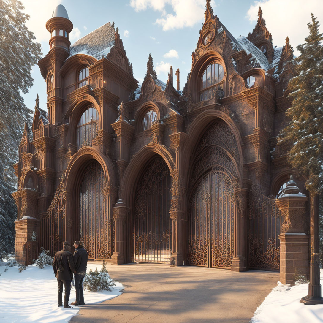 Gothic-style wooden structure in snowy setting with two people admiring intricacy