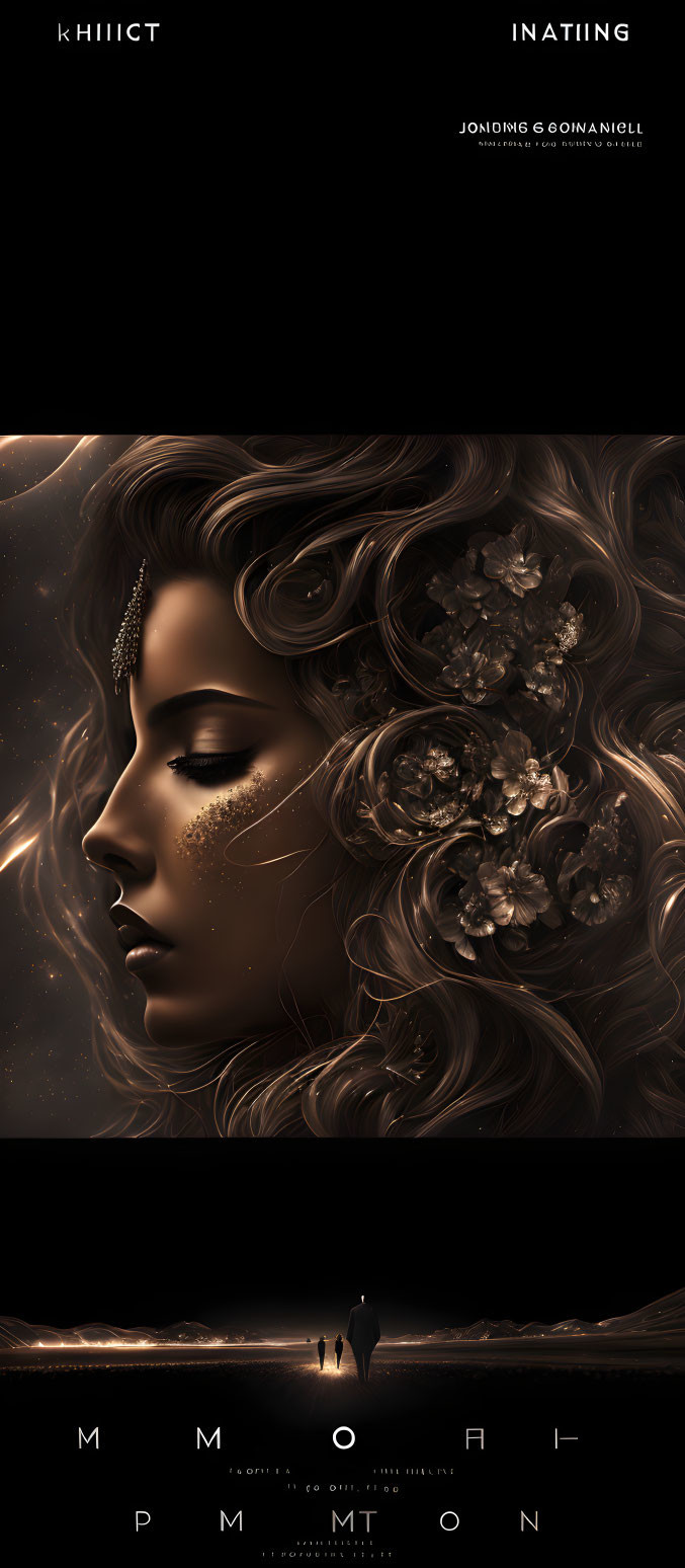 Surreal portrait of woman with golden floral hair against cosmic backdrop