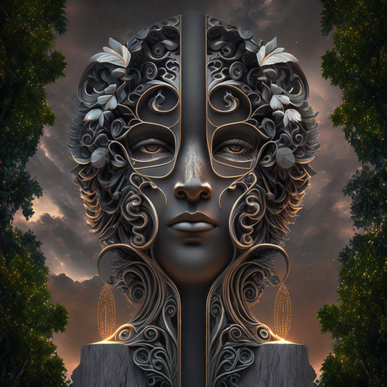 Symmetrical digital artwork of human-like face with metallic details against twilight sky.