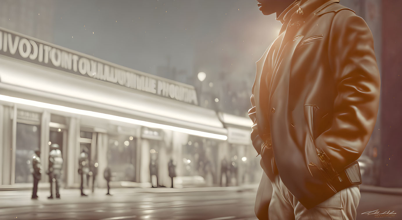 Person in Leather Jacket in City Scene with Glowing Streetlights