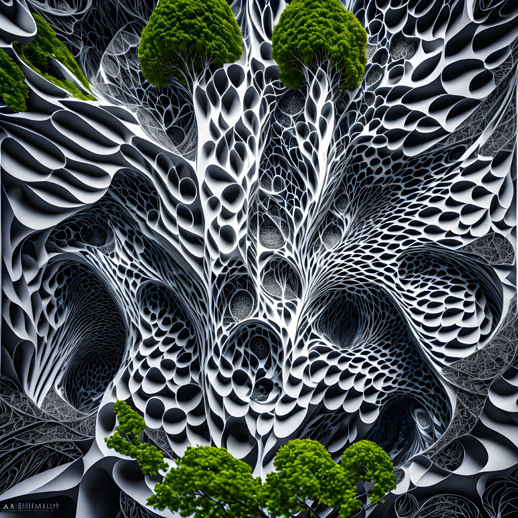 Abstract fractal image with swirling black and white patterns and green tree-like structures