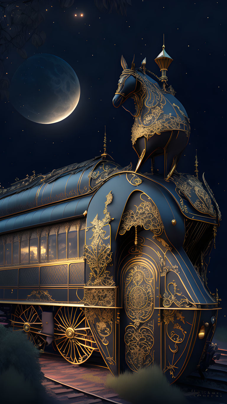 Fantasy-style carriage with gold detailing under starry night sky