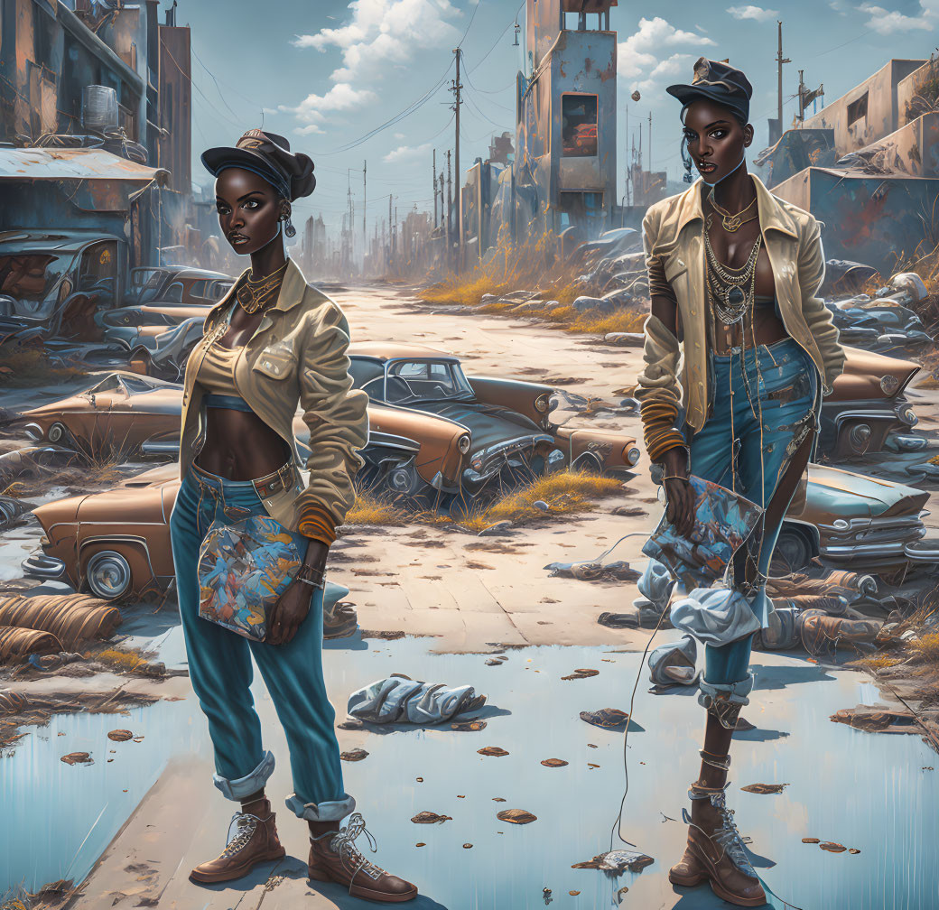 Stylish women in post-apocalyptic setting with derelict cars and blue sky