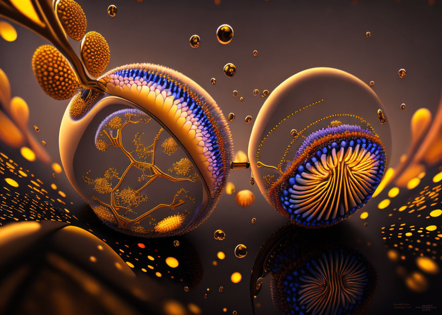 Abstract 3D Artwork: Spherical Shapes, Golden Trees, Bubbles on Dark Background