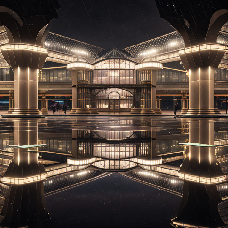 Modern building at night with illuminated pillars and arches, reflected on wet surface