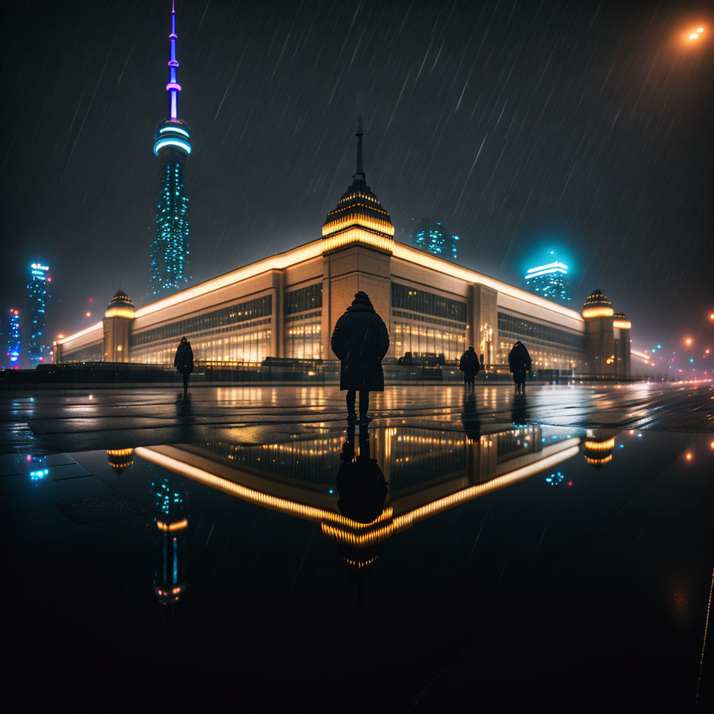 City night scene with person standing in rain and bright lights reflecting