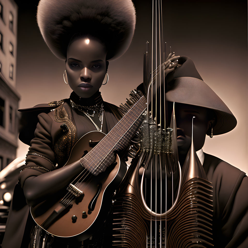 Stylishly dressed individuals with guitar in sepia-tone lighting and futuristic backdrop