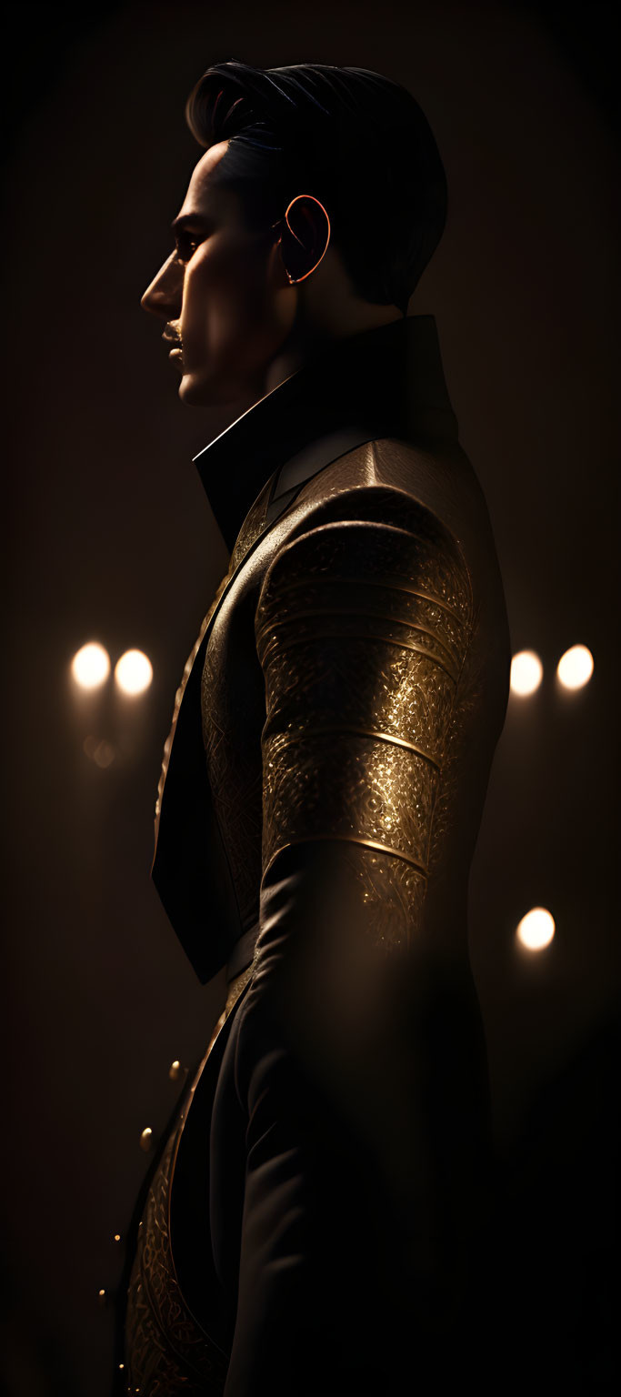 Stylized profile illustration of person in black and gold outfit