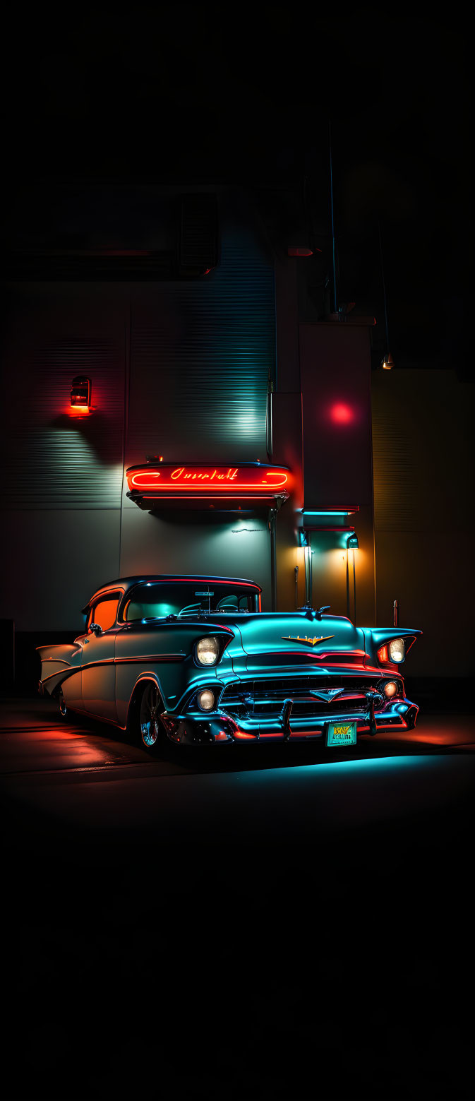 Classic Vintage Car Glowing Under Neon Lights