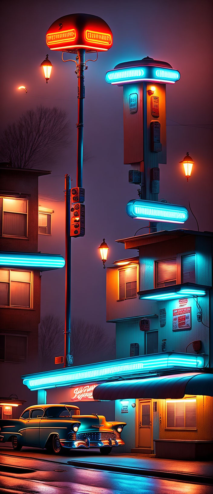 Vintage Cars Parked in Neon-Lit Street Scene at Dusk