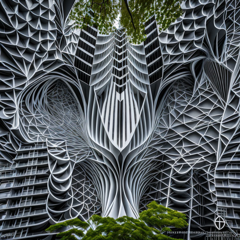 Monochrome architectural manipulation forms intricate kaleidoscopic pattern amid green foliage