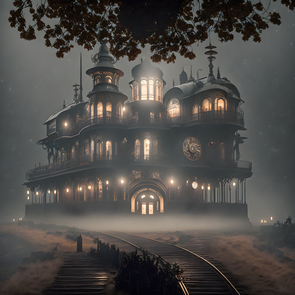 Victorian-style mansion with turrets and lit windows in mist with clock above entrance