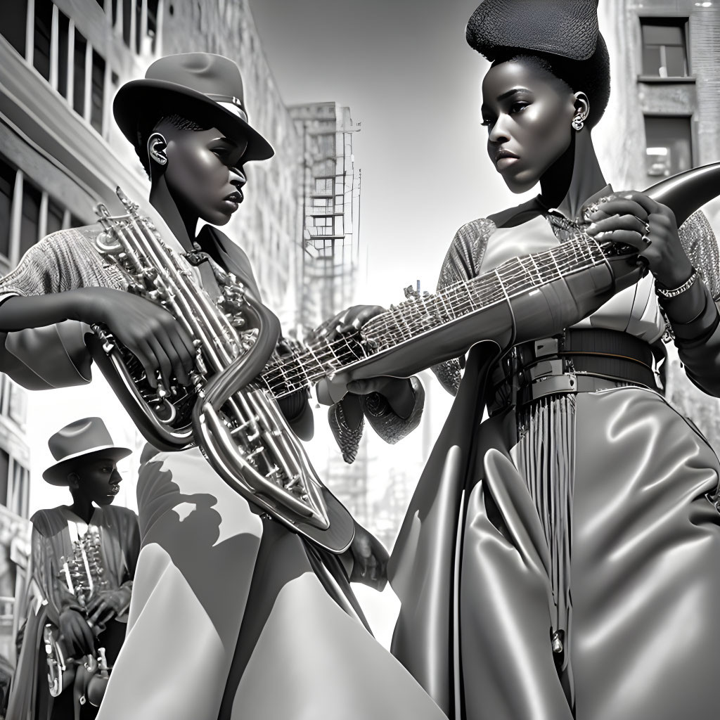 Monochrome image of stylized figures playing saxophone and guitar in urban setting