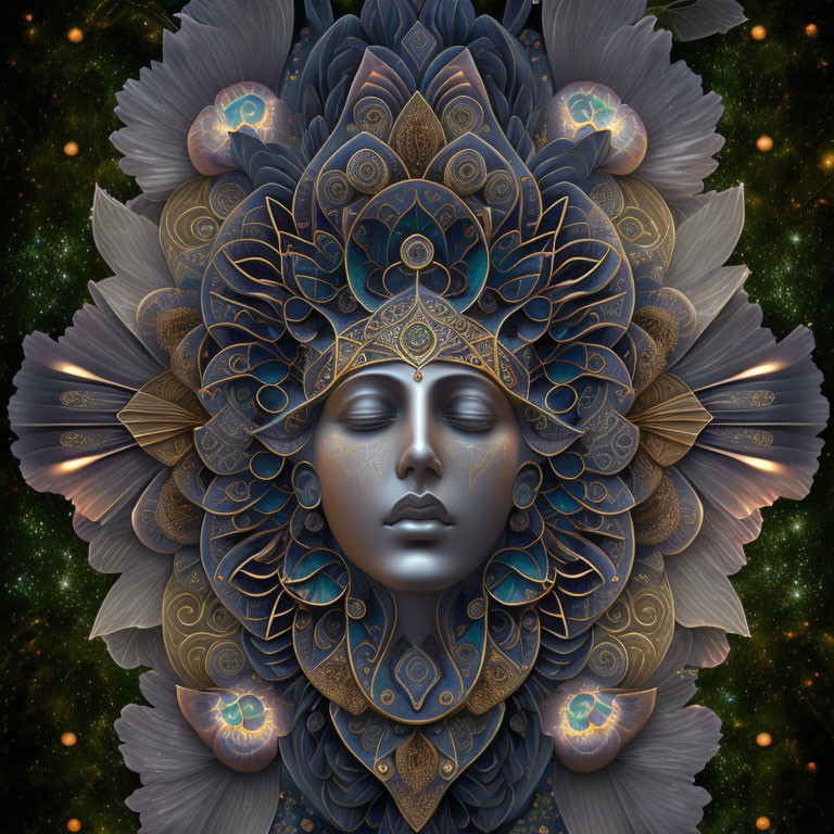 Symmetrical face with intricate patterns and jewels on layered petals against starry backdrop