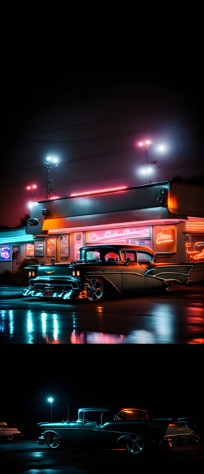 Neon-lit retro diner with classic car at night