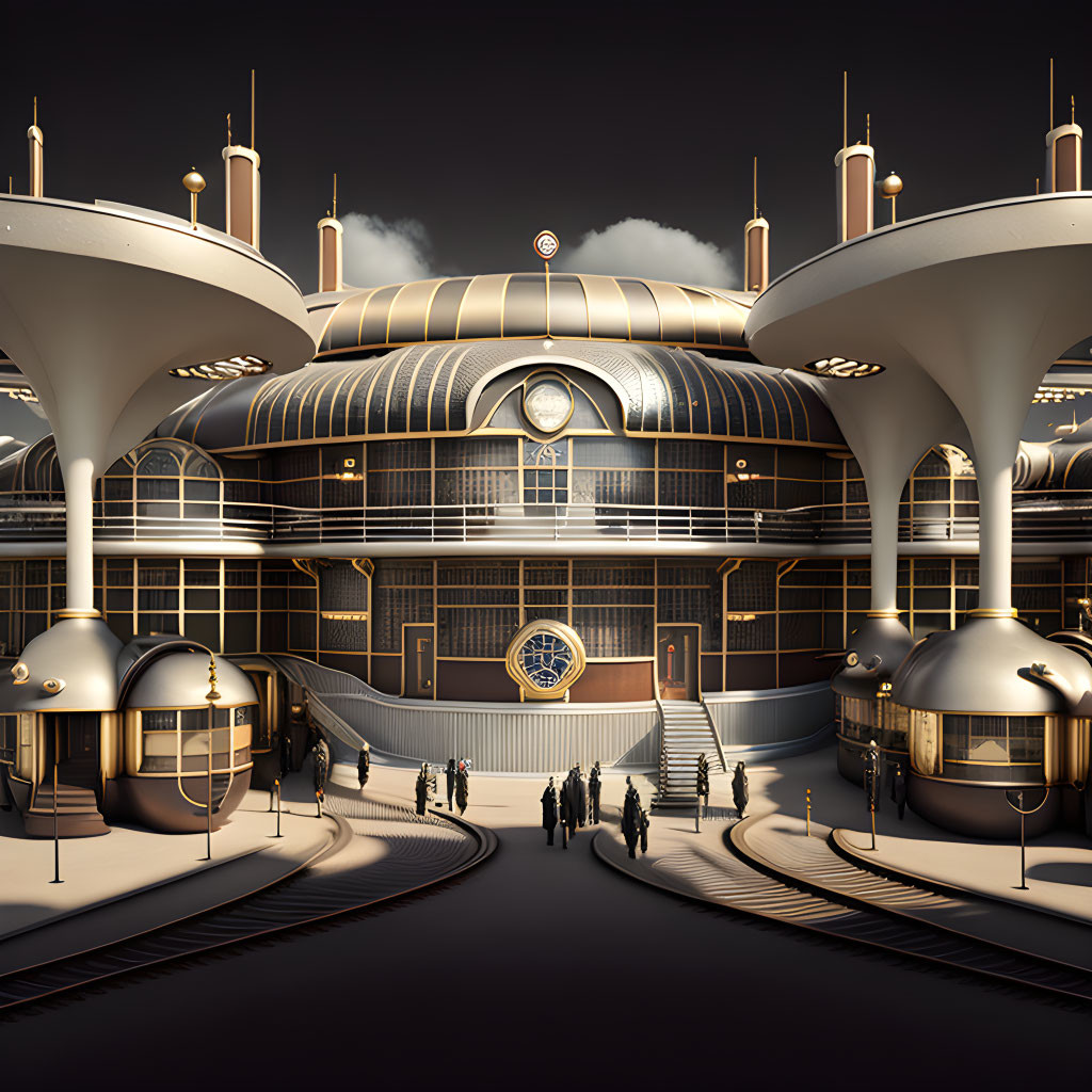 Futuristic evening scene with dome, columns, metallic gold accents, and walking figures